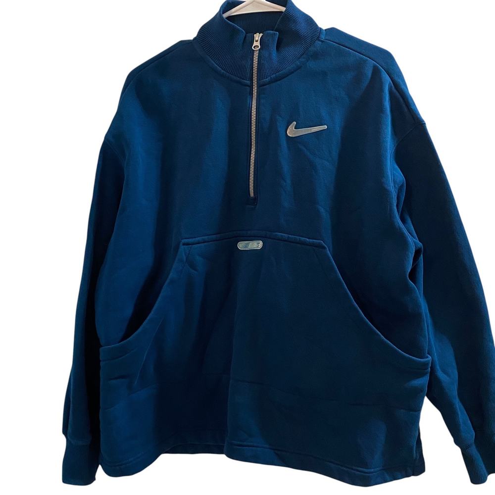 Nike Swoosh Patch Blue Quarter-Zip Pull-over Sweatshirt Men’s Medium Pocket
